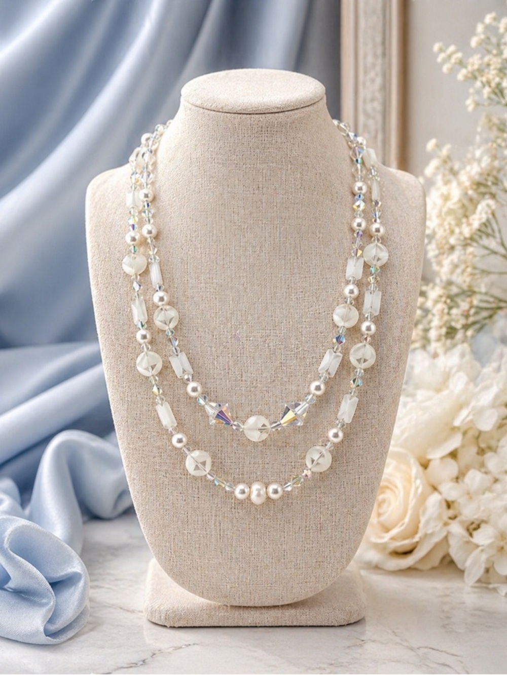 ✨ Venetian Glass, AB Crystal & Freshwater Pearl Triple Strand Necklace ✨